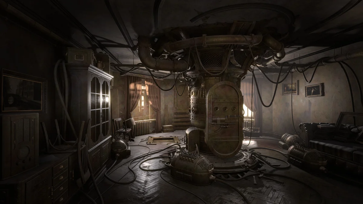 The Sublustrum apartment contains a brass capsule connected to overhead pipes in an official Steam screenshot.