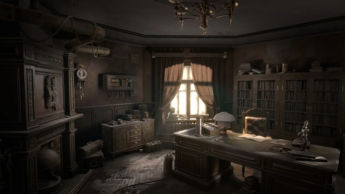 A wooden desk, tall bookcase and sunlit window form the study in an official Sublustrum screenshot.