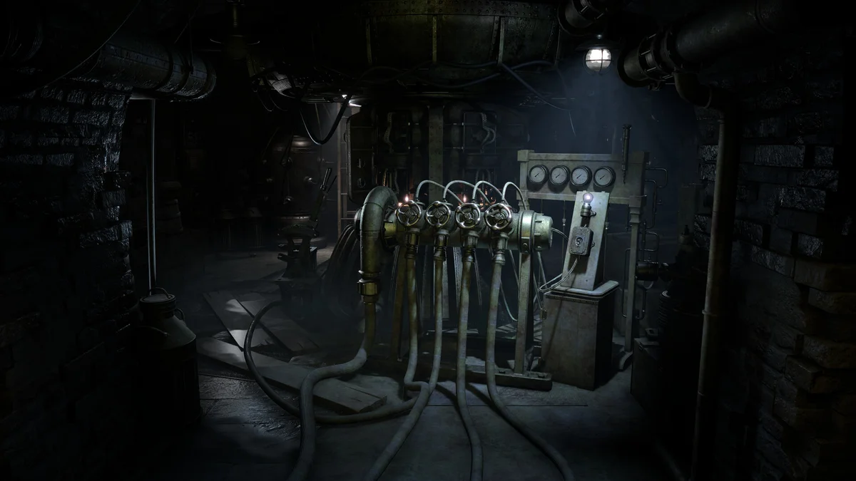 A cooling mechanism has four handwheels, connecting pipes and gauges in a dark brick-walled room.