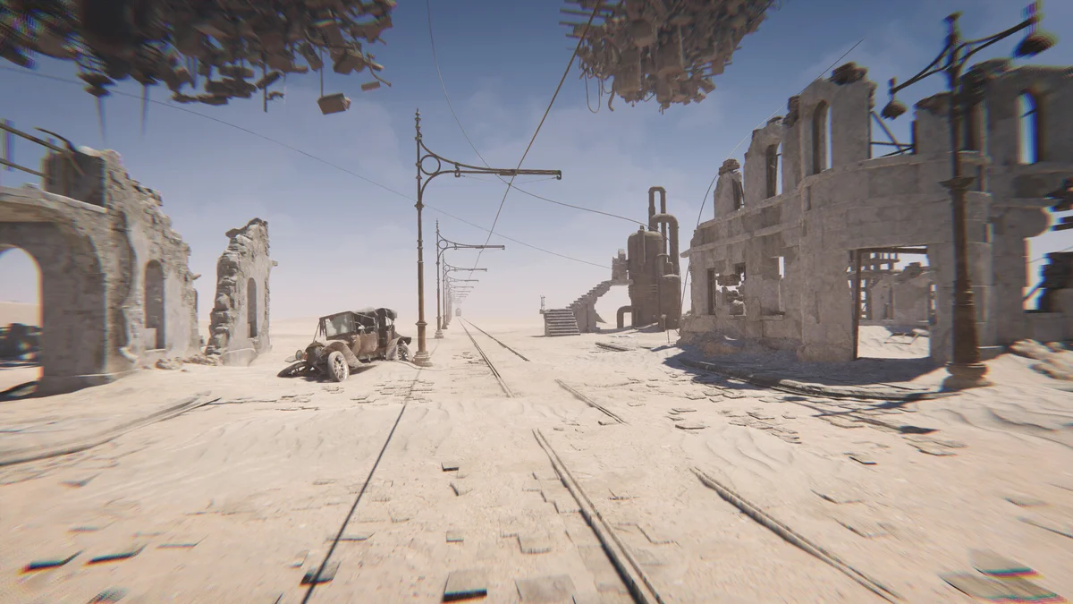 A deserted street with tram tracks and fractured buildings appears in an official screenshot of the Sublustrum reimagining.