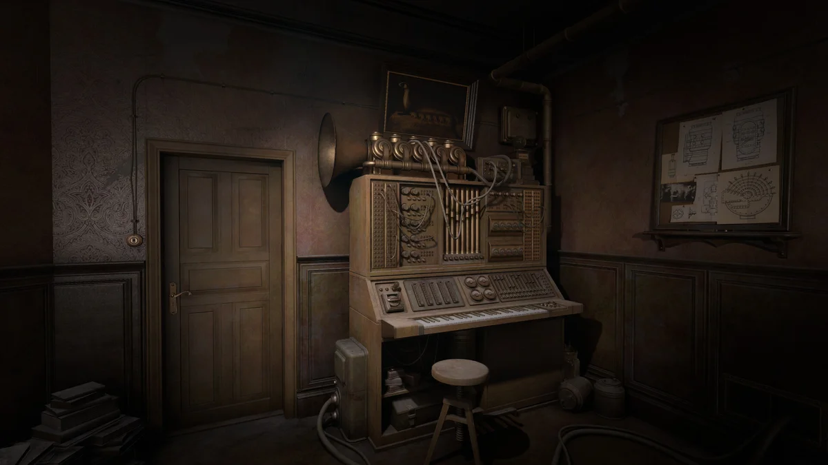 A small mechanical organ with pipes and a bank of controls stands beside a door in the Sublustrum apartment.
