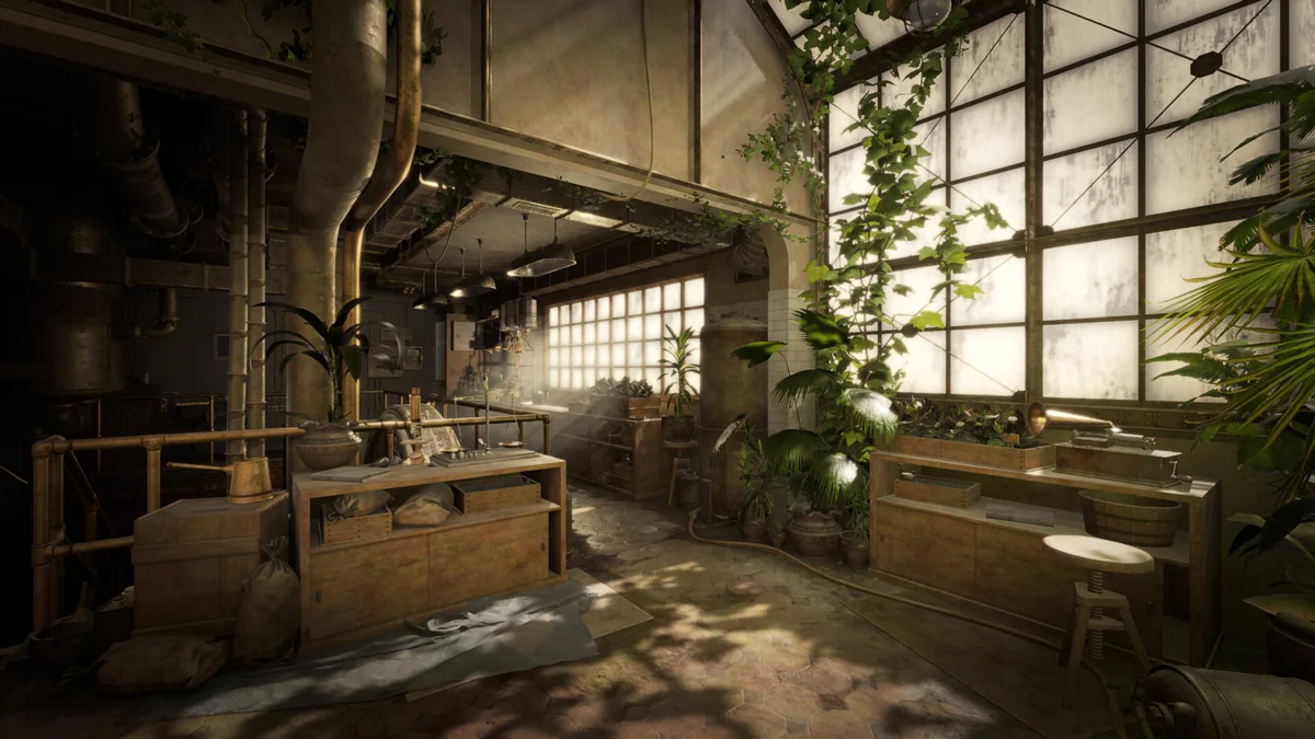 An overgrown workshop combines workbenches, pipes and tall windows in an official Sublustrum image.